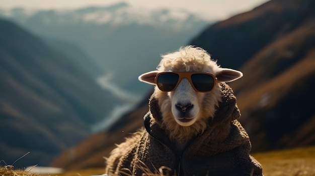 Ein Schaf mit Sonnenbrille und einer Jacke mit dem Wort Schaf darauf