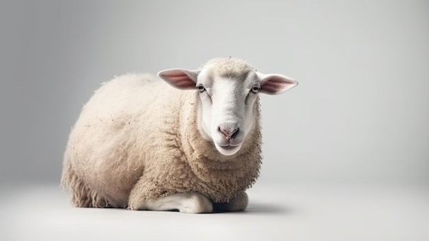 Ein Schaf sitzt auf einer weißen Fläche.