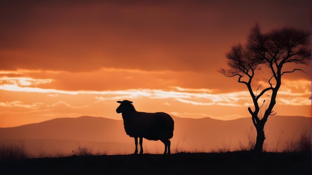 Ein Schaf steht auf einem Feld, dahinter ist der Sonnenuntergang zu sehen