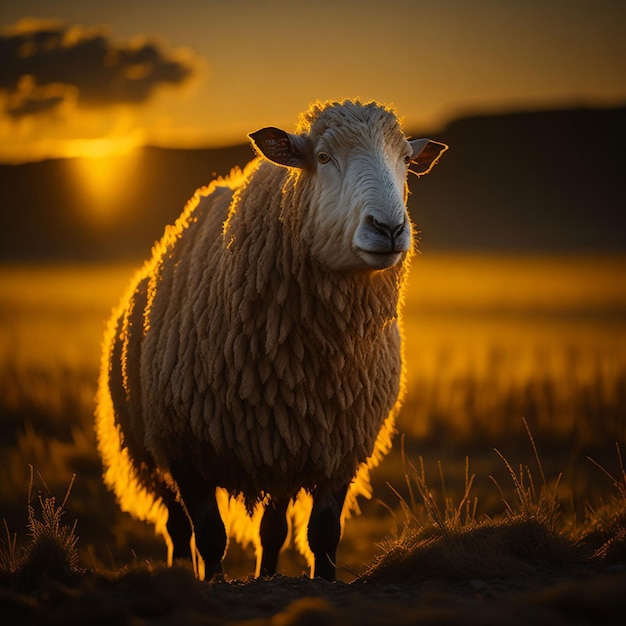 Ein Schaf steht auf einem Feld, hinter ihm geht die Sonne unter.