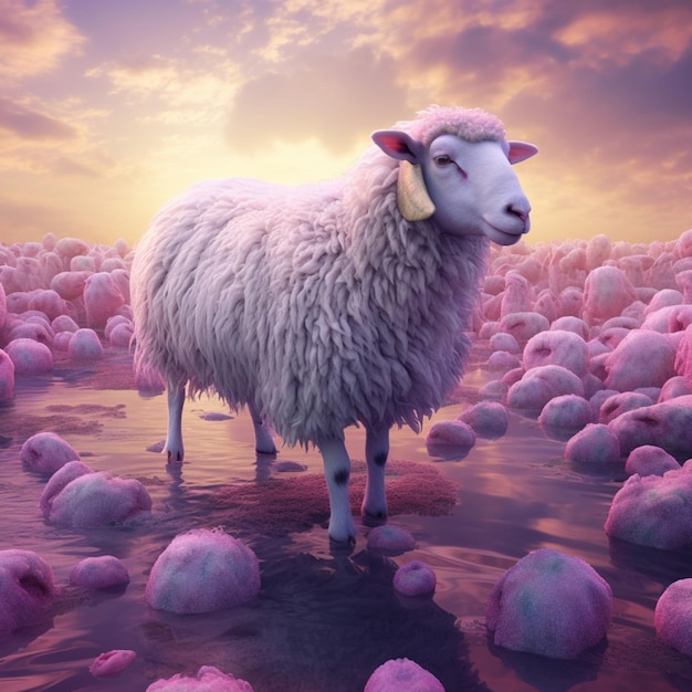 Ein Schaf steht auf einem Feld in Lila und Rosa, im Hintergrund ein lila Himmel.
