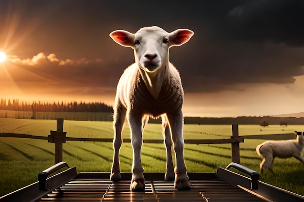Ein Schaf steht auf einer Holzplattform vor einem Feld.