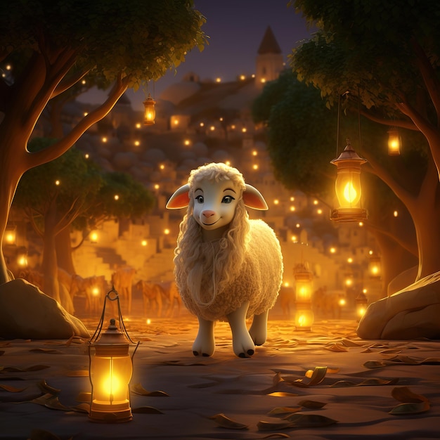Ein Schaf steht mit einer Laterne auf einem Feld