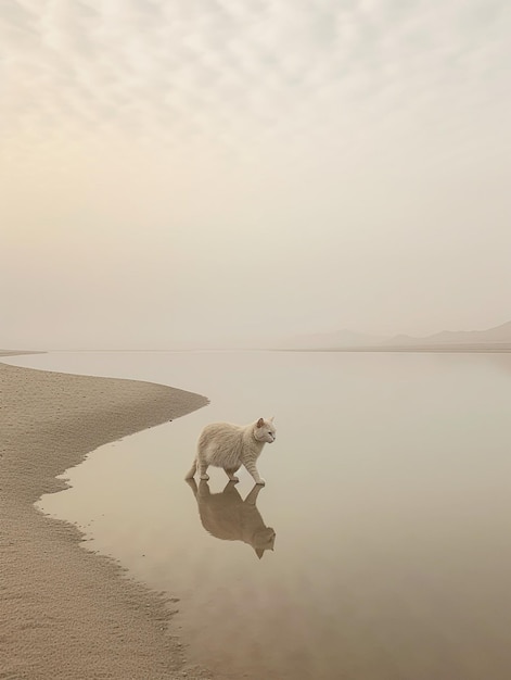 ein Schaf steht vor einem See und einem Himmel, in dem sich ein Schaf spiegelt.