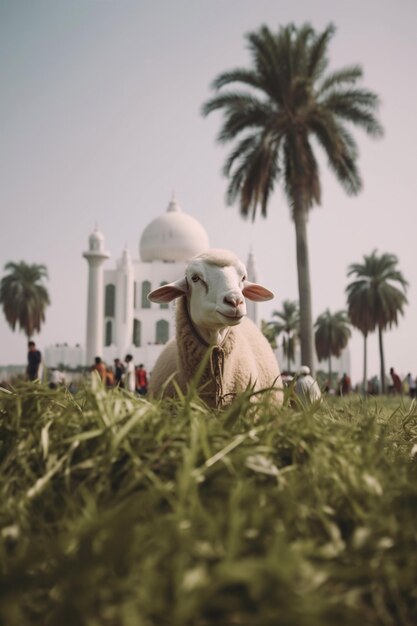 Ein Schaf steht während der Feier des Eid vor einem Moschee-Gebäude