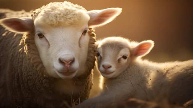 Ein Schaf und ihr Baby stehen in der Sonne