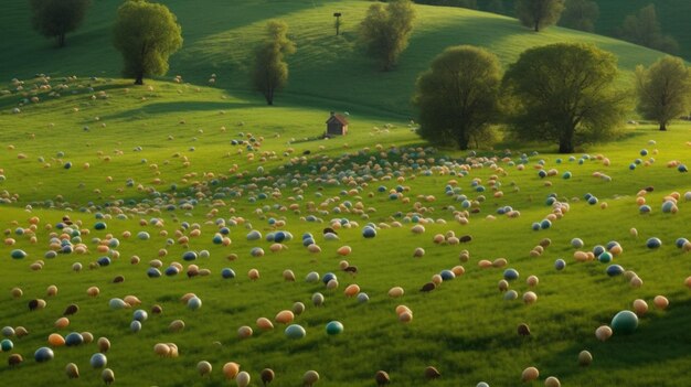 Ein Schaffeld mit gelben Blumen im Vordergrund