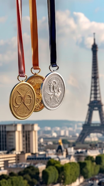 Ein scharfes Foto zeigt Medaillen mit komplizierten Designs vor einer krassen Pariser Kulisse, darunter der majestätische Eiffelturm unter einem klaren Himmel