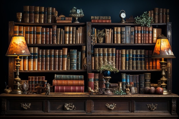 Ein Schatz an Vintage-Büchern schmückt das Bücherregal und fördert die Weisheit in Bibliotheken