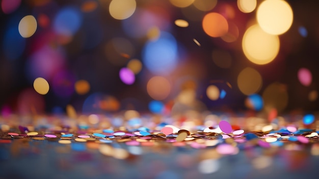 Ein Schauer aus buntem Konfetti mit funkelnden Bokeh-Lichtern im Hintergrund