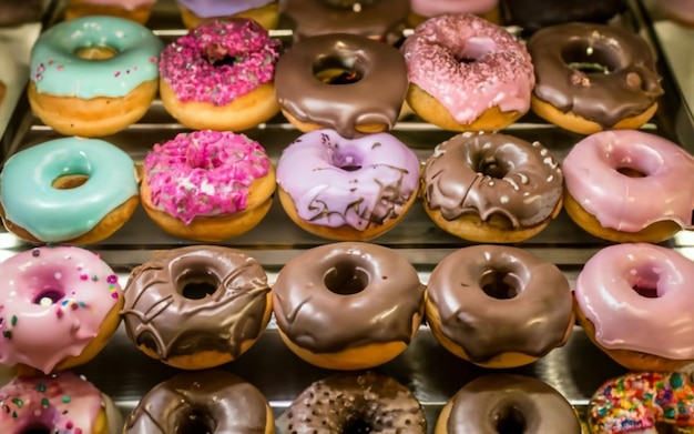 Ein Schaufenster mit Donuts verschiedener Geschmacksrichtungen