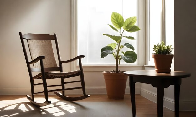 Ein Schaukelstuhl neben einem kleinen Tisch mit einer Pflanze darauf in einem schwach beleuchteten Raum mit Sonnenlicht