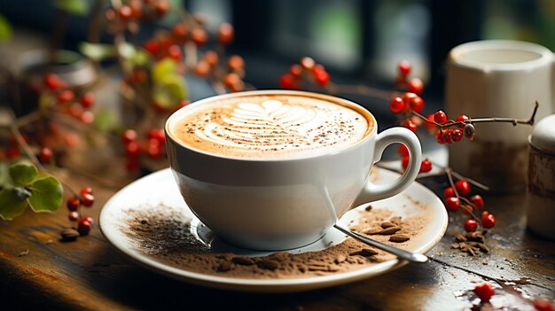 Ein schaumiger Cappuccino auf einem Holztisch ist eine Freude für Kaffeeliebhaber