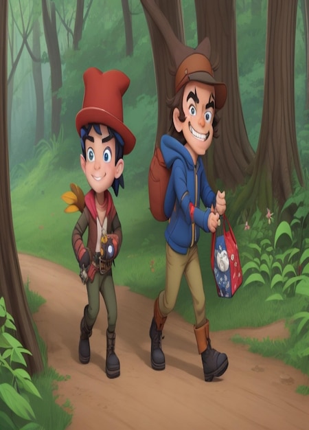 Ein schelmischer Cartoon-Jäger mit einem schlauen Grinsen, der mit einer Tasche voller Tricks durch den Wald schleicht