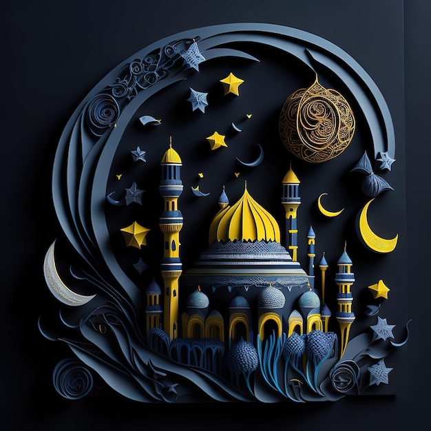 Ein Scherenschnitt einer Moschee mit einem Mond und Sternen darauf.