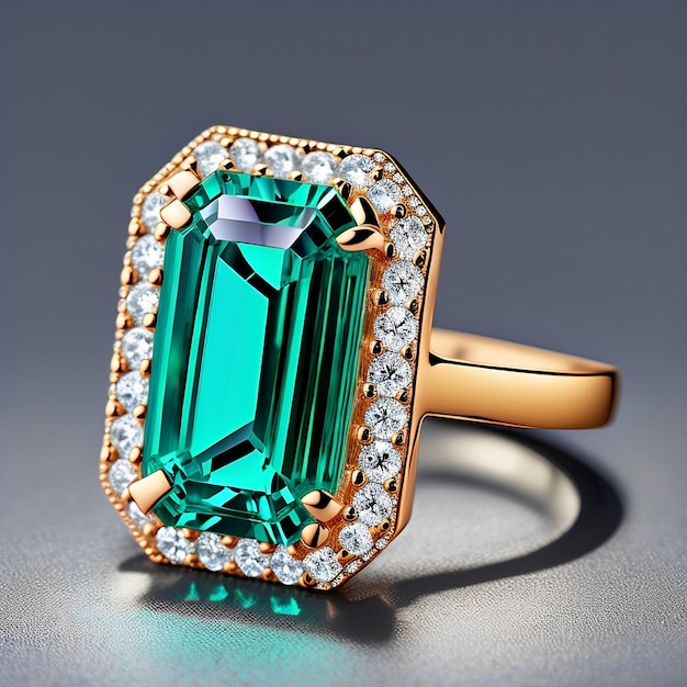 Ein schicker grüner Smaragd ist in einen goldenen Ring mit Diamanten eingefasst.