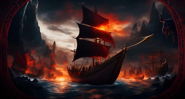 Ein Schiff auf dem Ozean mit Flammen und Rauch