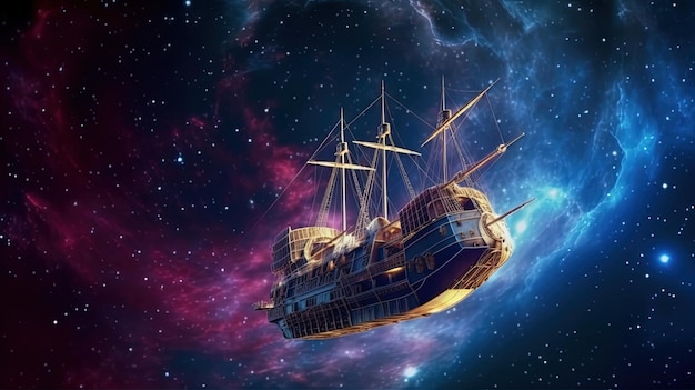 Foto ein schiff, das im universum schwimmt