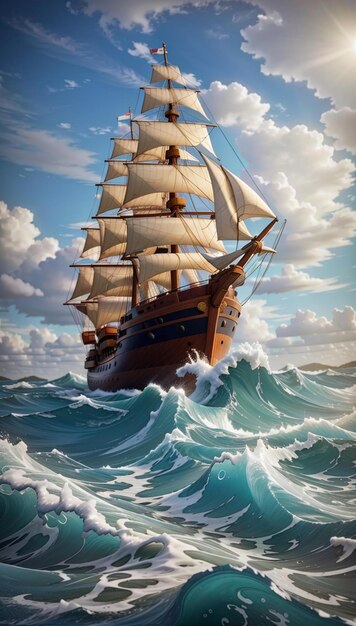 ein Schiff fährt im Ozean mit einem Segel im Hintergrund.
