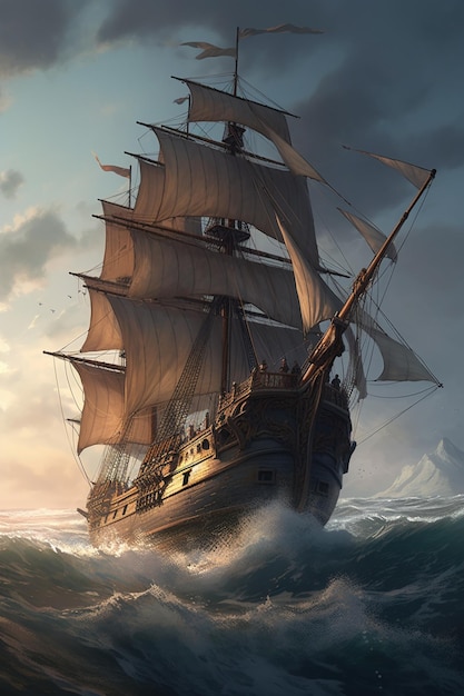 Ein Schiff im Meer mit hochgezogenen Segeln