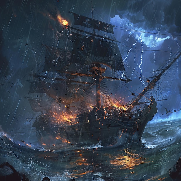 ein Schiff im Ozean mit einem Blitzsturm dahinter
