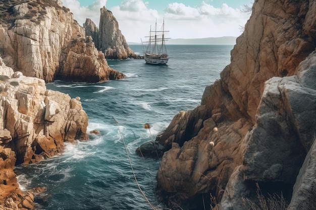 ein Schiff im Ozean mit einem Seil, das daran gebunden ist