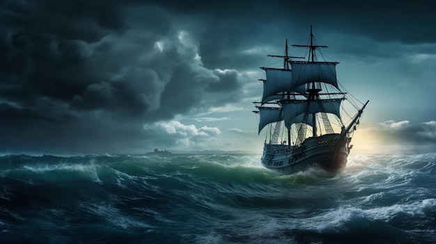 Ein Schiff im Sturm mit heruntergelassenen Segeln