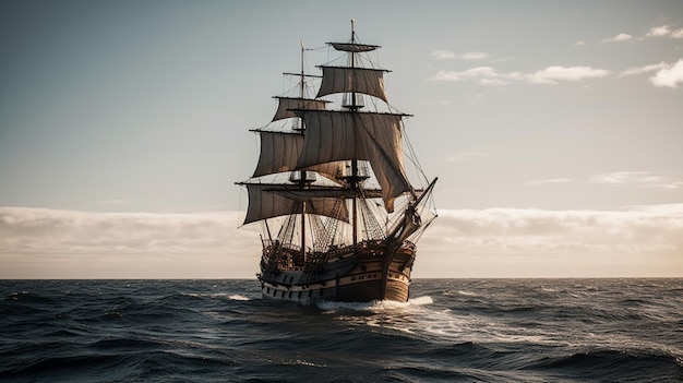 Ein Schiff segelt auf dem Meer mit dem Himmel im Hintergrund