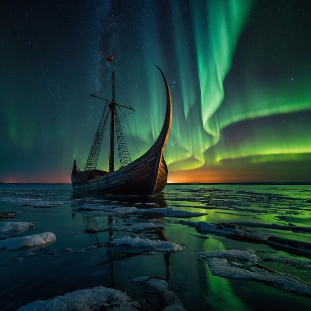 Foto ein schiff segelt im ozean mit der aurora im hintergrund