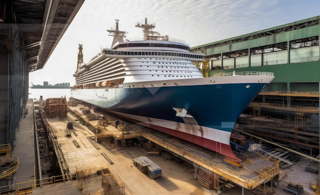 Ein Schiff wird in einem Trockendock gebaut.