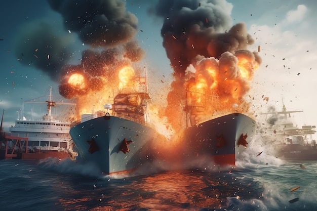 Ein Schiff wird von einem Feuerball angegriffen.