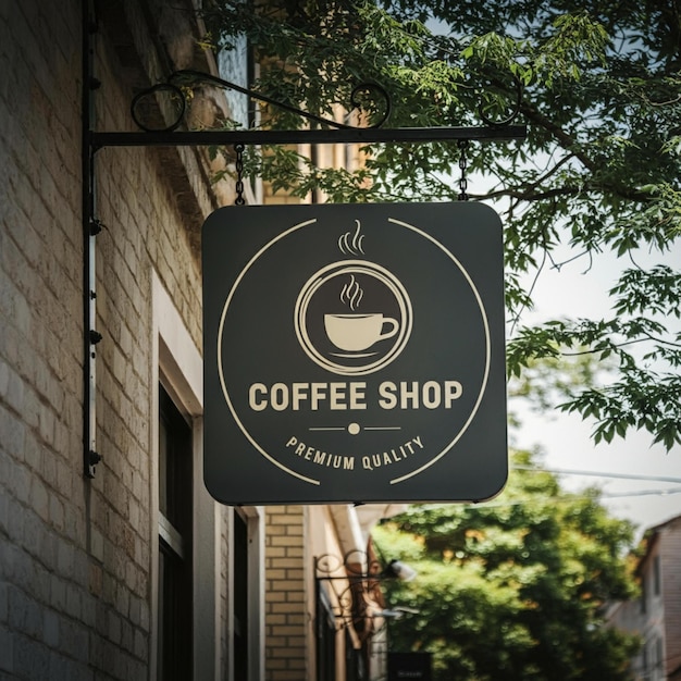 ein Schild für ein Café hängt an einem Baum