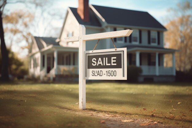 Ein Schild „Immobilien zum Verkauf“ wird vor einem Haus „Zu verkaufen“ angezeigt. Das Schild „Immobilien zum Verkauf“ vor einem neuen Haus symbolisiert das von AI generierte Immobiliengeschäftskonzept