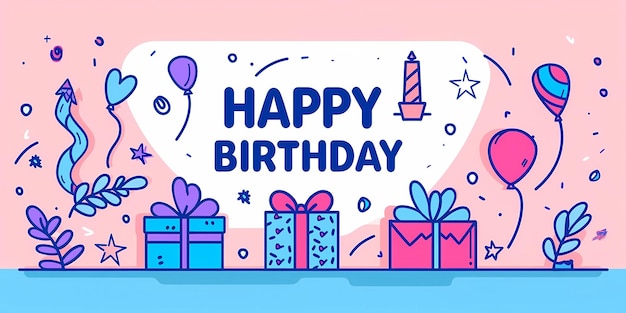 ein Schild mit dem Satz "Glücklicher Geburtstag" mit rosa Hintergrund und blauem Ballon