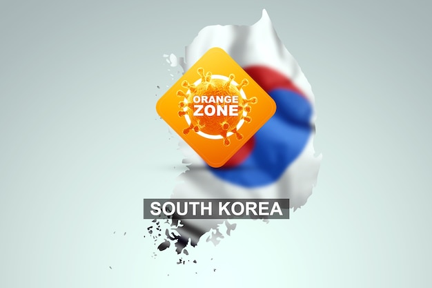 Ein Schild mit der Aufschrift orange Zone auf dem Hintergrund einer Karte von Südkorea mit seiner Flagge. Orange Gefahrenstufe, Coronavirus, Sperre, Quarantäne, Virus. 3D-Rendering, 3D-Darstellung.