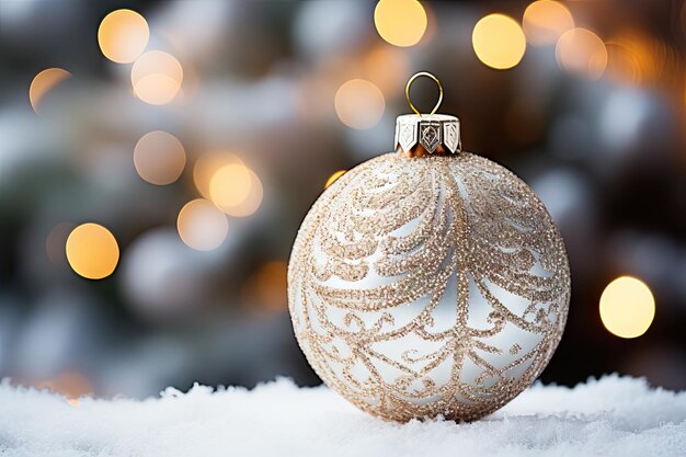 Foto ein schimmerndes weihnachtsornament auf einem glänzenden schneebedeckten hügel