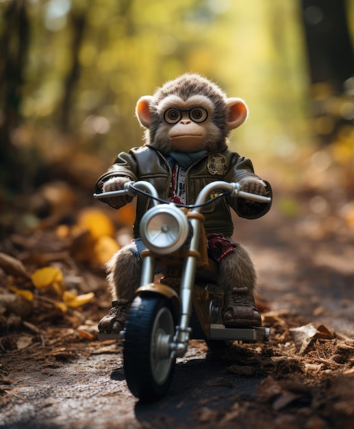 ein Schimpanse auf einem Minibike, der durch einen Wald fährt