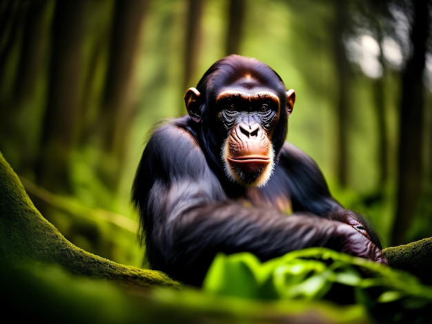 Ein Schimpanse in einem Dschungel mit grünen Bäumen im Hintergrund