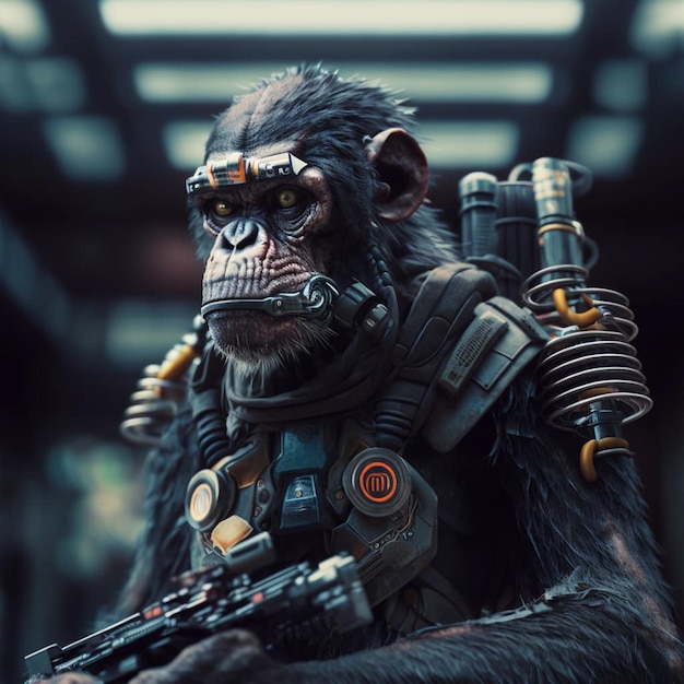 Ein Schimpanse mit einer Waffe in der Hand hält eine Waffe.