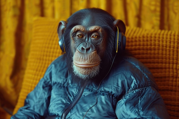 Ein Schimpanse mit musikalischen Kopfhörern sitzt in einem Sessel