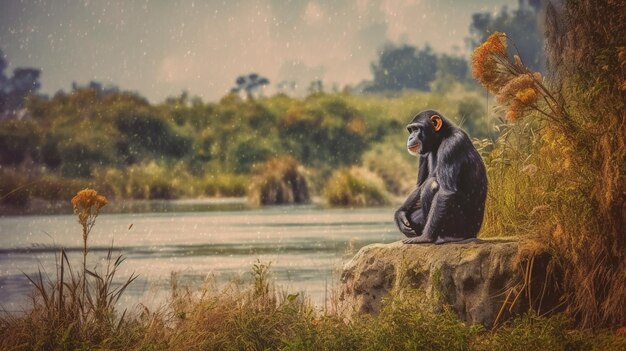 Ein Schimpanse sitzt auf einem Felsen vor einem Fluss