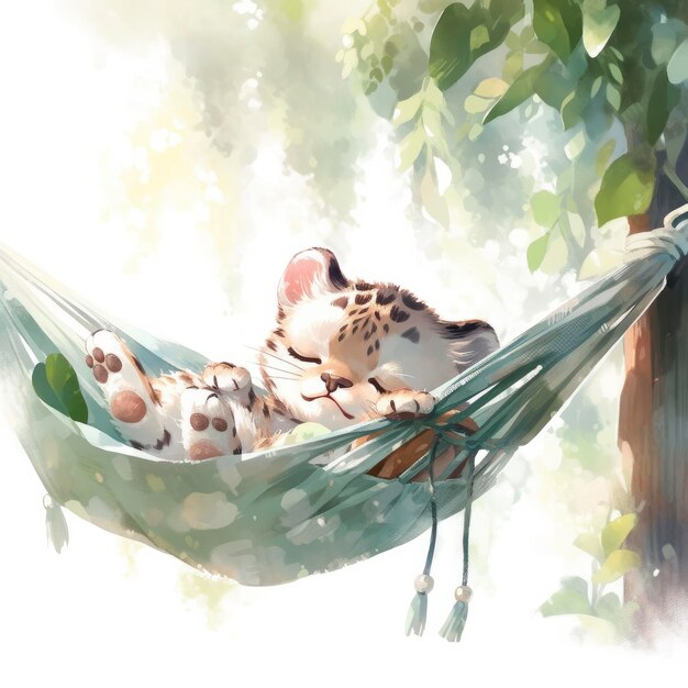 Foto ein schläfriger baby-leopard in einer hängematte aquarell-illustration