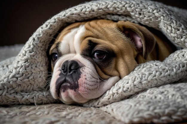 Ein schläfriger Bulldog in einer gemütlichen Decke gekuschelt