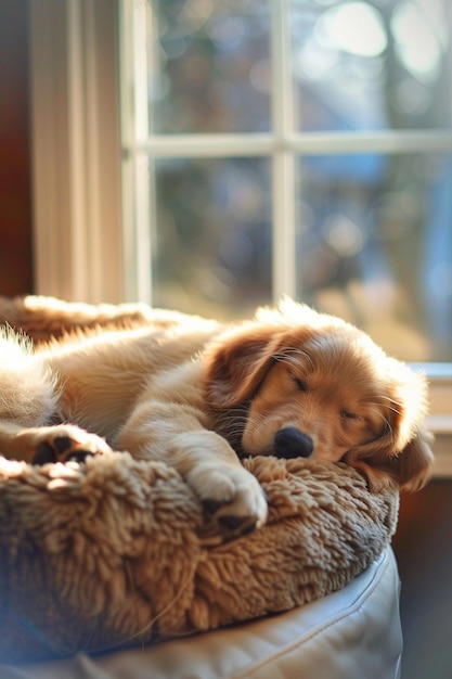 Ein schläfriger Golden Retriever-Hündchen schläft friedlich auf einem gemütlichen Hundebett in einem warmen