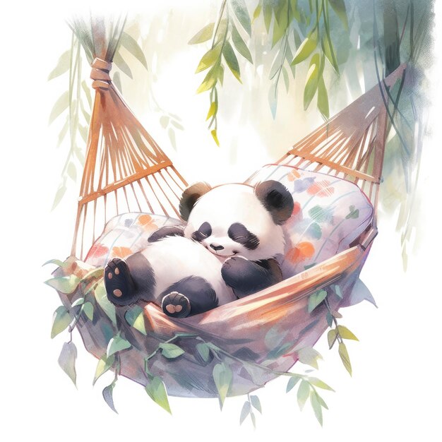 Ein schläfriges Pandababy in einer Hängematte mit Aquarellillustration