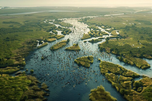 Ein schlängelndes Flussdelta, voller Zugvögel
