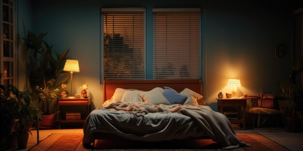 Ein Schlafzimmer, das sowohl entspannend als auch friedlich gestaltet ist, wobei der Schwerpunkt auf der Verwendung von Licht und Farbe liegt, um ein Gefühl von Ruhe und Gelassenheit zu schaffen.