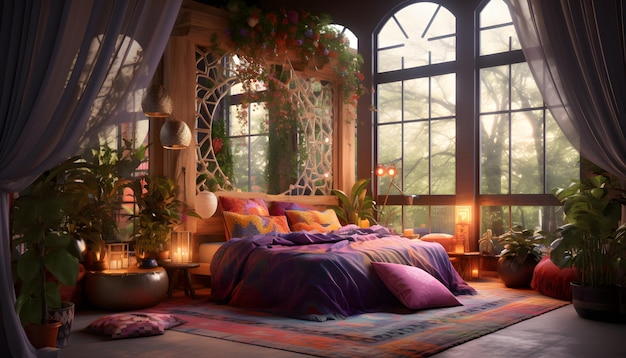 Ein Schlafzimmer im Bohemian-Stil mit einem Himmelbett, hängenden Wandteppichen und Bodenkissen