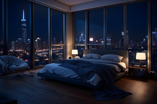 Ein Schlafzimmer mit atemberaubendem Blick auf die Lichter der Stadt bei Nacht