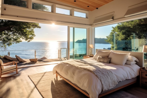 Ein Schlafzimmer mit Blick auf das Meer und das Meer.